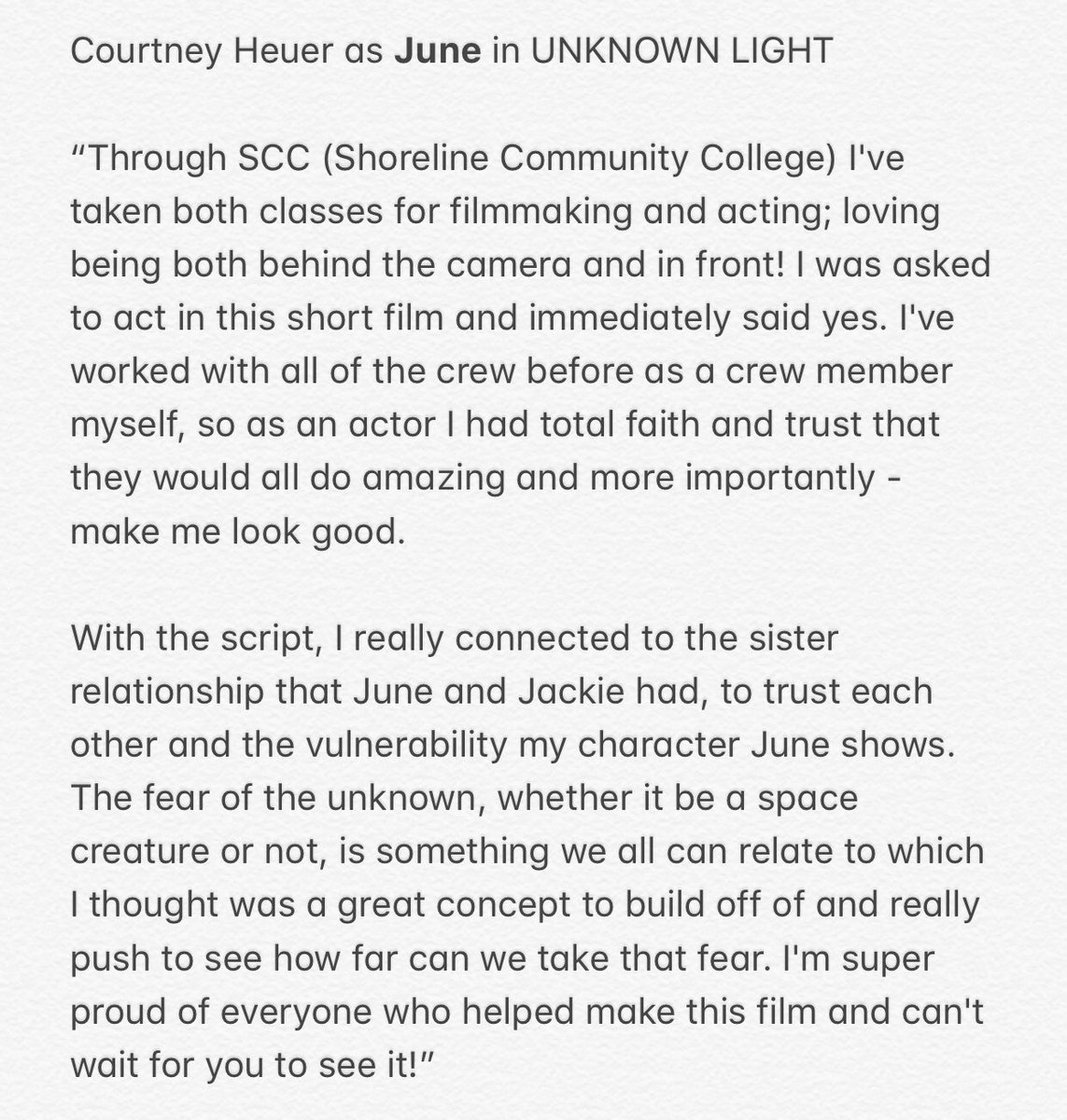 FinalBeatFilms's tweet photo. Courtney Heuer as June in UNKNOWN LIGHT
If you haven’t seen the teaser trailer for UNKNOWN LIGHT yet, check it out here: https://t.co/KEorD0B7s1
#UNKNOWNLIGHT #shortfilm #filminWA #indiefilm #actor #actress #filmmaking #horror #scifi #finalbeatfilms https://t.co/OUm5lrqlWi