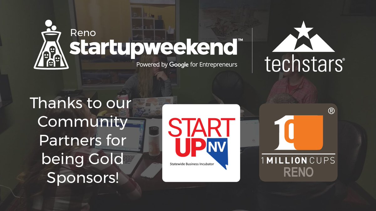 SWReno's tweet photo. We want to express our gratitude for two amazing entrepreneur service organizations who helped make Startup Weekend Reno possible. @1MillionCupsRNO and @StartUp_Nevada do so much for this ecosystem. Thank you for your continued support!

#SWReno #StartupWeekend https://t.co/WW0chqRZEo