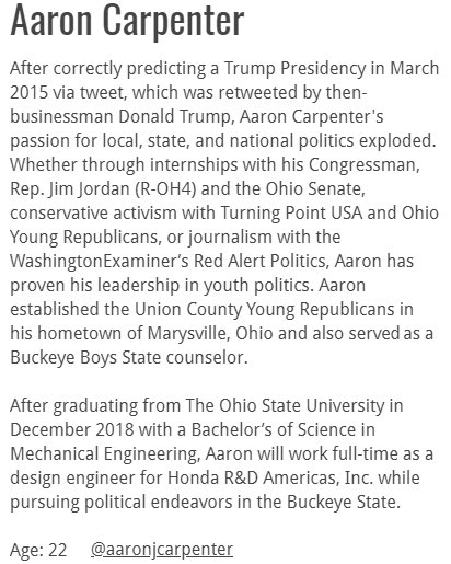aaronjcarpenter's tweet photo. What an honor it is to be selected as one of the @dcexaminer’s 30 Under 30 winners, influencing the conservative millennial movement in today’s political landscape. Congratulations  to all of the other 2018 honorees — together we will change the world! 🇺🇸 https://t.co/91tL1NGQ5w