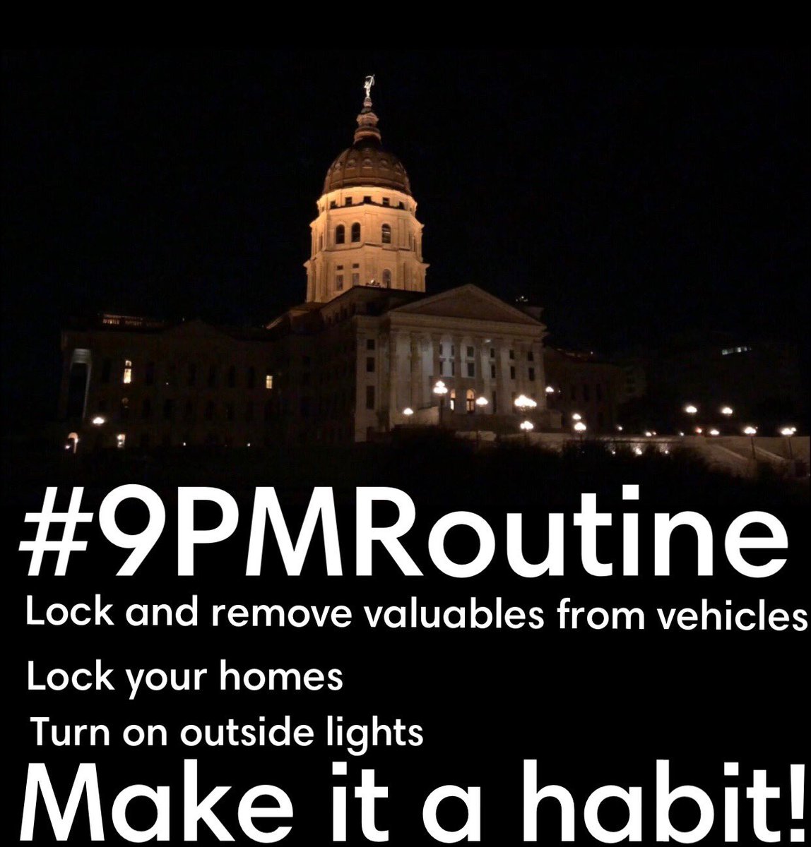 KSCapitolPolice's tweet image. Nightly reminder to...
#RemoveValuables 
#LockVehicles 
#LockHome 
#OutsideLightsOn 
#TopCity 
#Kansas 
#LockItOrLoseIt 
#9PMRoutine
#MakeItAHabit 🔐🚘🔐🏡