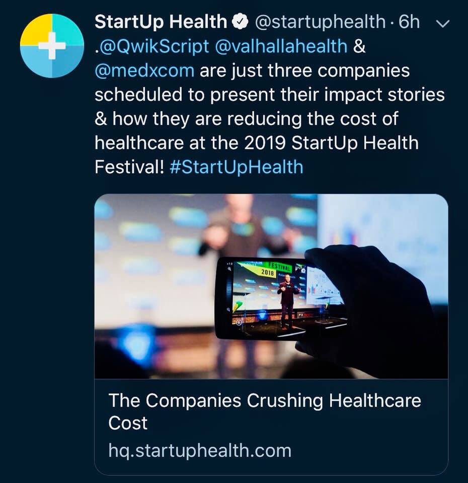 QwikScript's tweet image. Anddddd we’re back! Check out @startuphealth for more innovative healthcare startups and follow@our journey as we redefine the prescription process — Thanks for the ❤️!