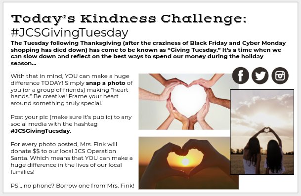 Getting ready to launch the new Kindness Challenge... #JCSGivingTuesday. Let's see how much <3 we can spread!