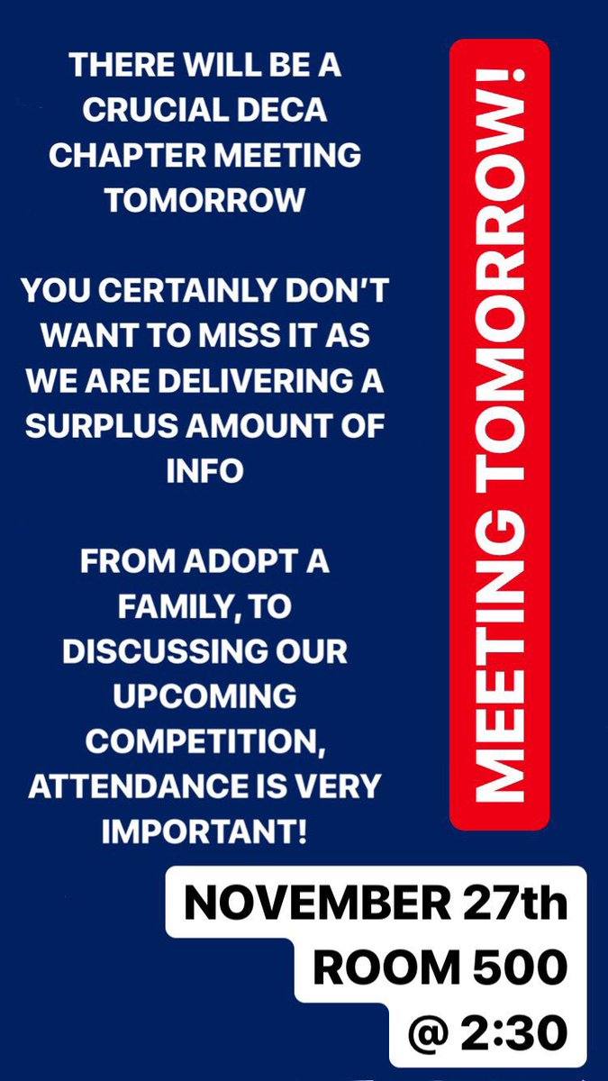 CehsDECA's tweet image. There will be a VERY IMPORTANT meeting tomorrow in room 500 @ 2:30. There is certainly a lot of information we will be handing out including details on adopt a family, our upcoming competition, and the fundraisers we will be doing soon! ATTENDANCE IS CRUCIAL‼️🔷