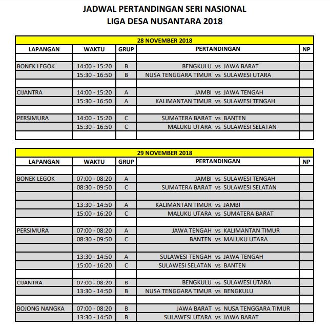 Berikut disampaikan jadwal pertandingan penyisihan grup Seri Nasional Liga Desa Nusantara (LDN) 2018, 28-30 November 2018 di Kabupaten Tangerang
@KemenDesa 
#LDN2018
#LigaDesaNusantara