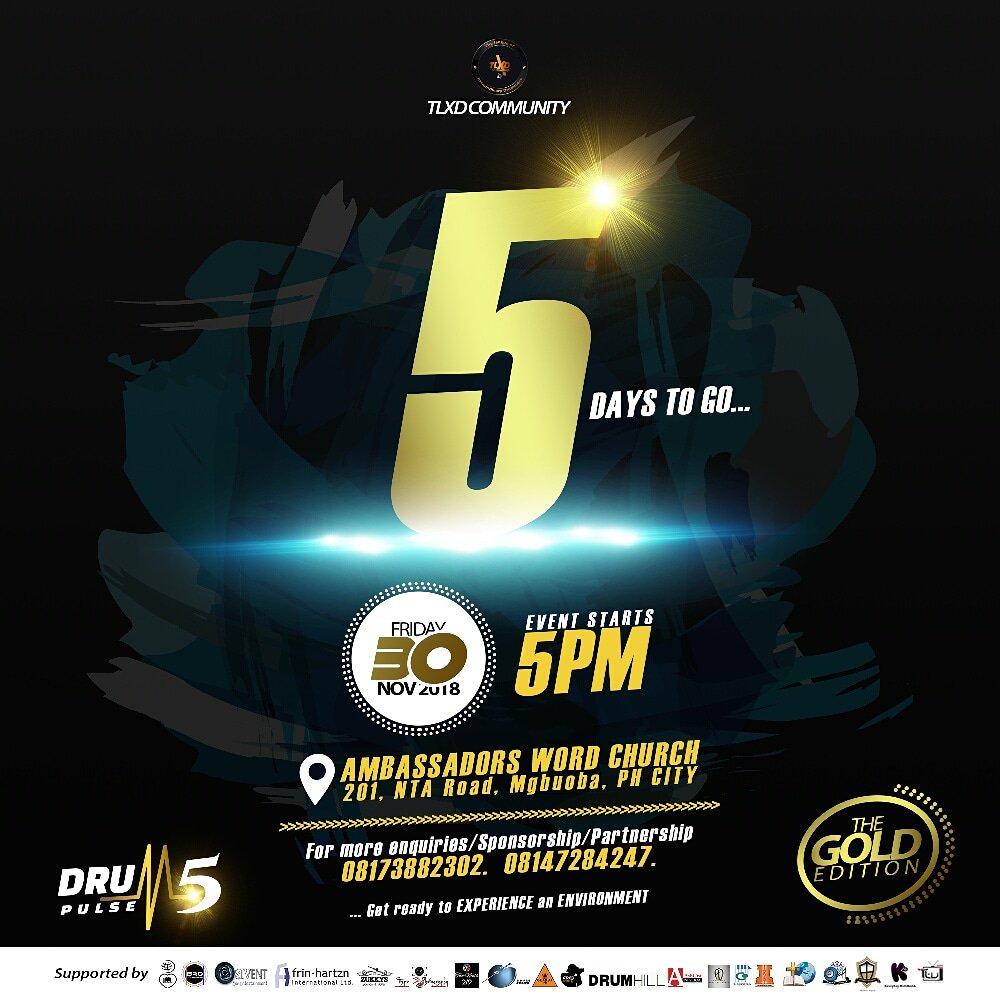 tlxdcommunity's tweet photo. It's 5 days away from the day we all come together to witness awesomeness... π π
#dpulse5 #drumming #drummer #drums #musicians #musician #modern #concerts #events #drumevents #Abstract #creativity #global #influence #Brand #consistency #Jesusourking #authority #thegoldedition https://t.co/pjLioUbH3k