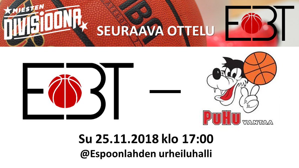EBTMiehet's tweet photo. Tänään pitkästä aikaa kotipeli! Neljän pisteen ottelu @EBTMiehet vs @PuHu_Juniorit klo 17:00 Espoonlahdessa. Tervetuloa katsomaan ja kannustamaan! #M1DB #ebtrising https://t.co/1b4D74Dcbc