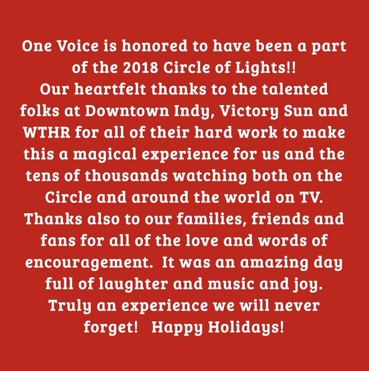OneVoiceIndy's tweet photo. What an honor! Thank you to our fans and to our wonderful Indy home! #onevoiceindy #circleoflights #wthr #happyholidays https://t.co/QoP4br9CLn