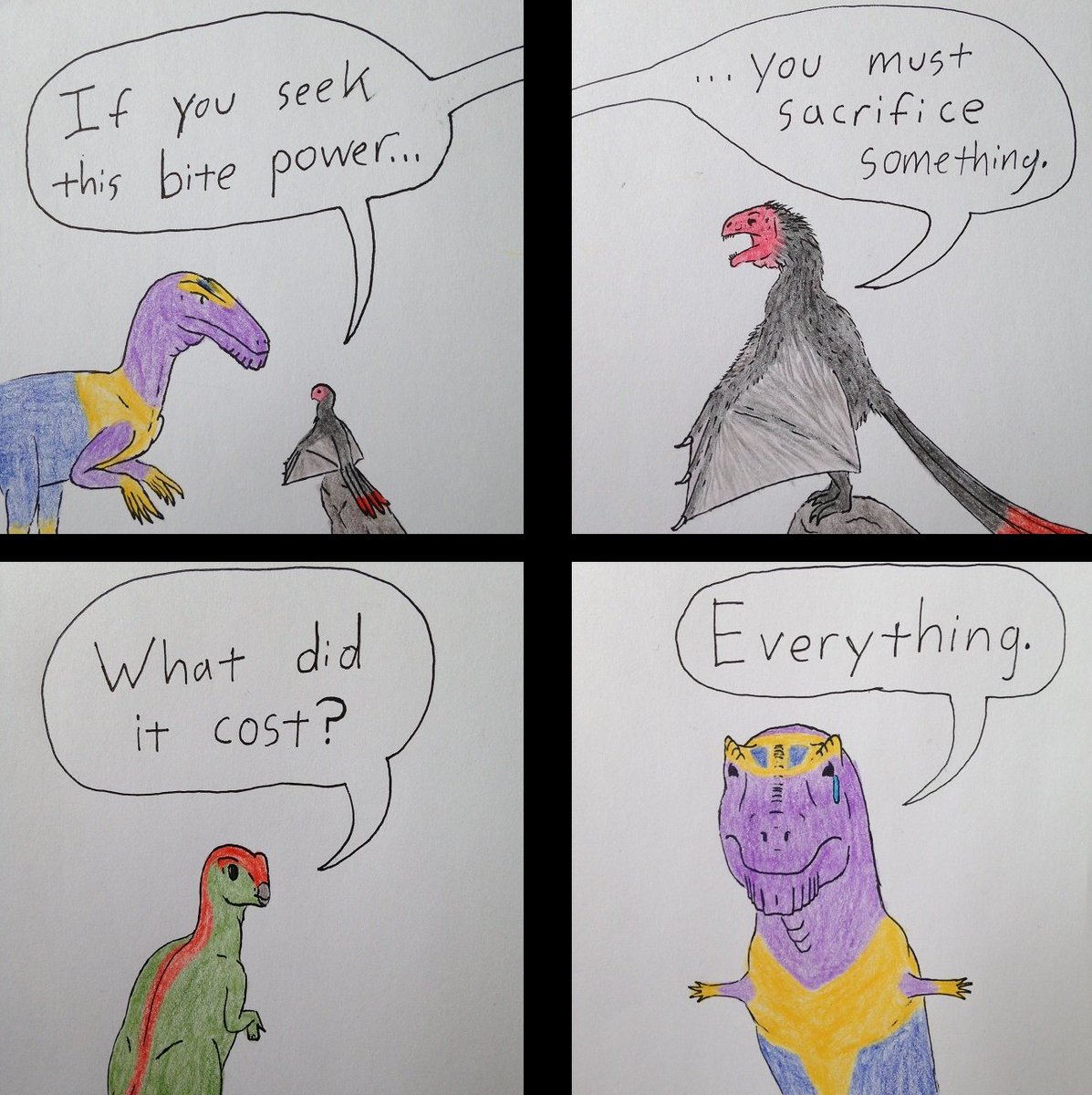 dinodadreviews's tweet photo. #ThanosTrying is getting an extended universe! Ya gotta realize an #abelisaur named after #Thanos is just asking for a bunch of #trextrying memes... (Concept inspired by a @MarkWitton tweet, fourth panel blatantly plagiarized from a @cmkosemen illustration.) 🦖 https://t.co/ul1nf8j0Xt