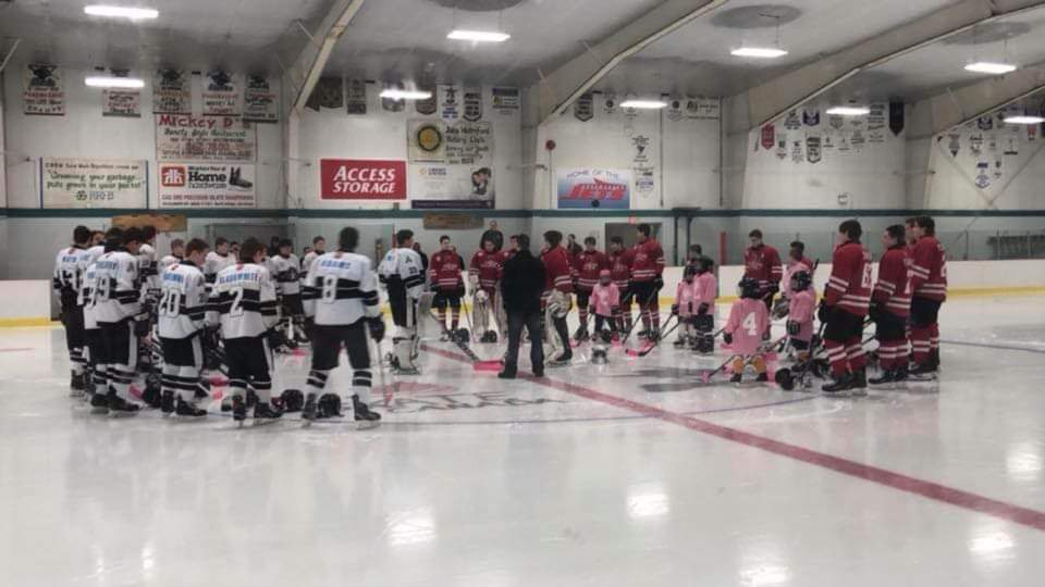 Cape Breton Jets 
The Pink Tape Campaign, Stand against bullying:
Shown for the ceremonial puck drop are CBJets goaltender Andre LeClair and Admirals goaltender James Lawley along with NWMHA President Kyle Baldwin, koodos to you all. #STOPBULLYINGNOW #PinkTapeCampaign
