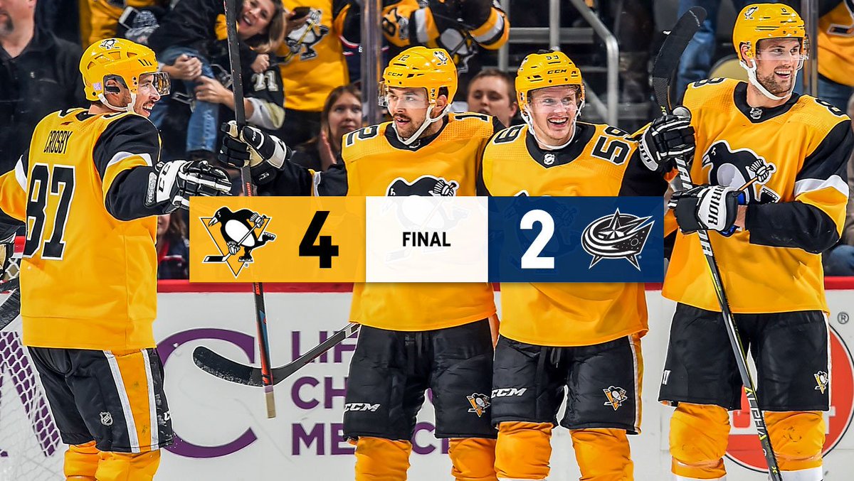 penguins's tweet photo. BIG WIN IN PITTSBURGH, GUENTZELVANIA! 

Pittsburgh defeats Columbus 4-2 after a Jake Guentzel hat trick. Now THAT is a good Saturday night. https://t.co/bOraEqoNbS