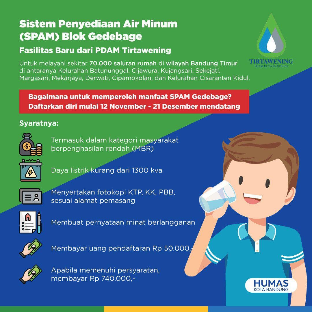 halo_bandung's tweet photo. Wargi Bandung yang ada di kawasan Bandung Timur. @pdamtirtawening kini punya Sistem Penyedoaan Air Minum (SPAM) Blok Gedebage.
Bagaimana cara memperoleh manfaatnya? Yuk disimak informasinya.

#bandung #bandungjuara #PemkotBDG #HumasBDG #bandungmakinjuara https://t.co/uG5bAHAQiA