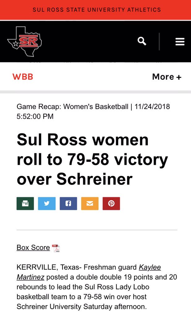 Sul Ross Lady Lobos beat Shreiner University today and @_kaylee33_ led the game with 19 points, 20 rebounds. Tied school record for rebounds! 🐺🏀💪🏼😎
#aintnomountainhighenough