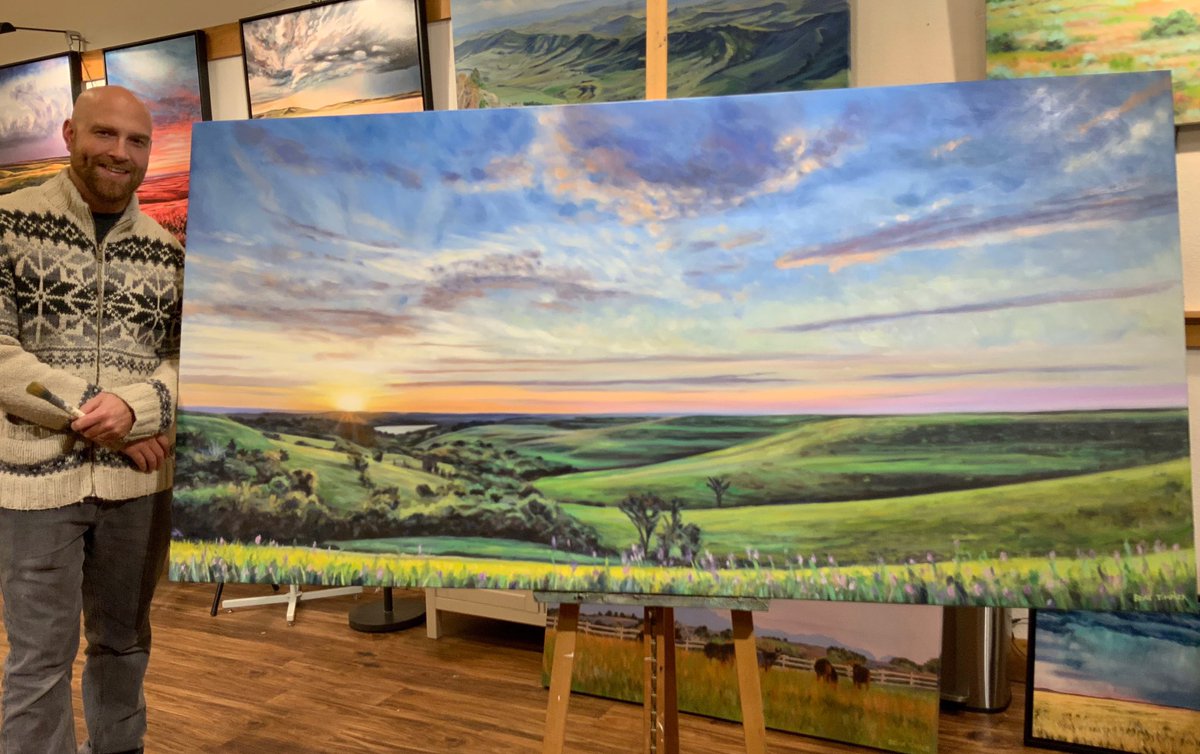Just finished this new Flint Hills painting!  This one was inspired by a great photograph taken by Scott Bean. 
42x84 inches. Oil on canvas. 
Please share this if you enjoy this. 🙂.
.
.
.
.
.
.
#flinthills #flinthillsart #kansasart #kansas #hills #clouds #skylovers #sunset
