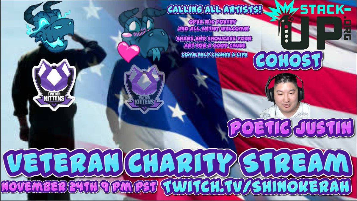 Poetic_Justin6's tweet image. Come throw a pie in my face for charity!
Lets make a dent into the darkness of mental health for our veterans by being open and honest. Live at 12am est! #charitystream #infiniumgg #twitch
#livestreamer #liveontwitch @shinokerah @StackUpDotOrg #veterans #supportourveterans