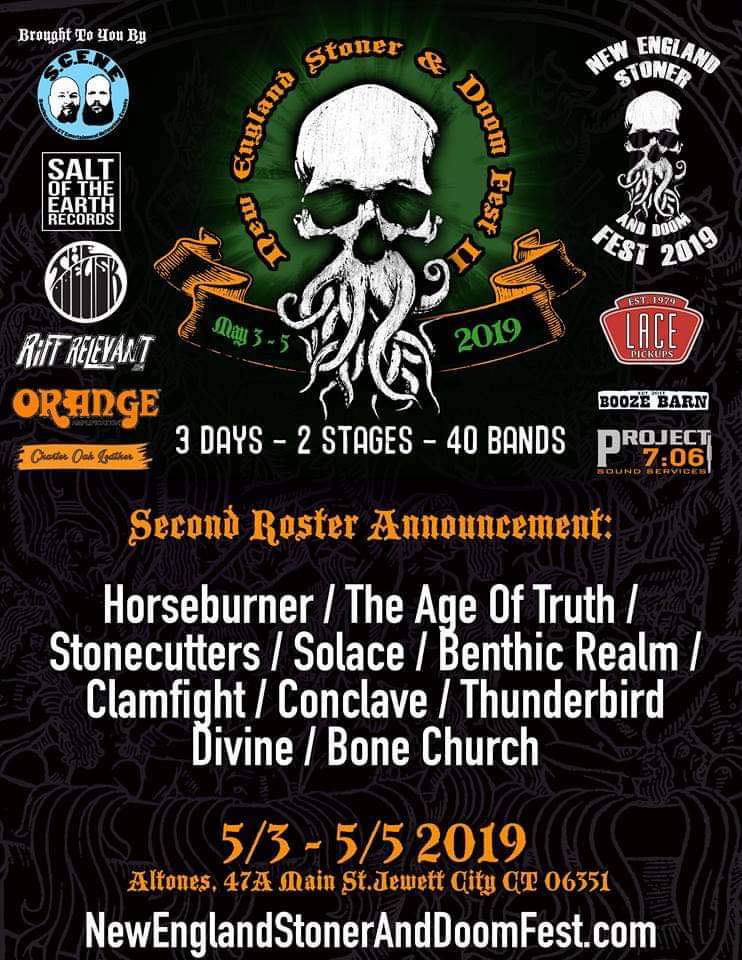 New England Stoner &amp; Doom Fest II announces a second round of big ol' heavy acts, including <a href="/Clamfight/">Clamfight</a> <a href="/BenthicRealm/">Benthic Realm</a> @conclaveband1 #BoneChurch #ThunderbirdDivine #Solace and more!