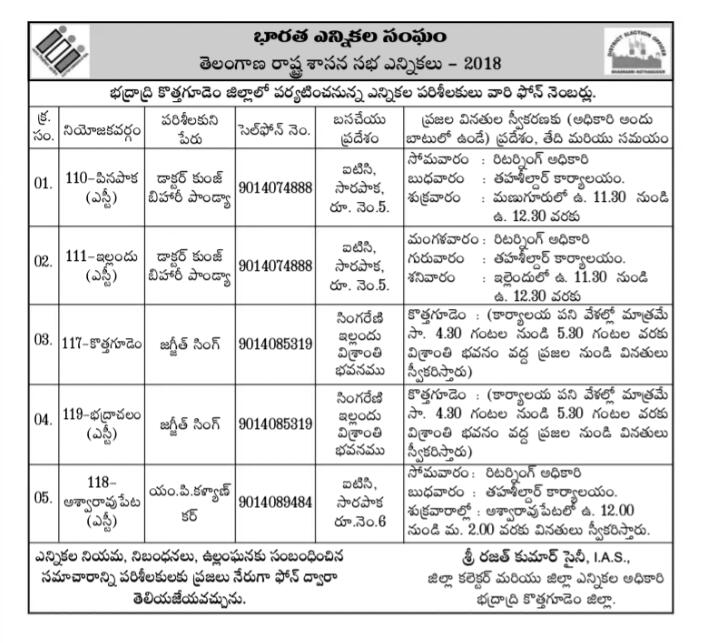 Collector_BDD's tweet photo. A list of Election Observers visiting the five Assembly Constituencies of Bhadradri Kothagudem district. https://t.co/HNGtvPEpJ8