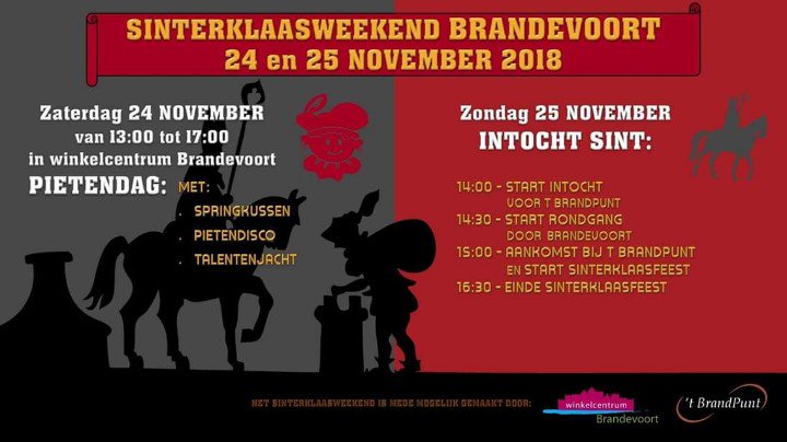 Vandaag komt Sinterklaas aan in Brandevoort
De route van de intocht vandaag 25 november in #Brandevoort is iets aangepast 
Aanvang is om 14.00 bij <a href="/tBrandPunt/">'t BrandPunt</a> en vandaar start de route om 14.30 door de wijk
Zie posters 👇