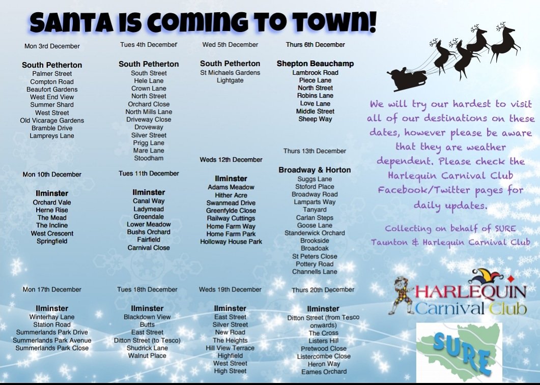 HarlequinCC1972's tweet photo. Our Santa Sleigh will be starting on 3rd December in South Petherton! Don't forget to come out and give santa a big wave 🎅 https://t.co/KRqK8eAiYQ