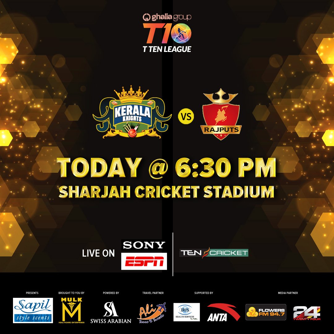 KeralaKingsT10's tweet photo. Are you all ready for the Knights' third match of the season?
Watch them battle it out today at 6.30 pm at Sharjah Cricket Stadium.
#keralaknights #kk #T10 #T10league #busabdus #champions#cricketfever #T102018 #cricket https://t.co/wpaG4zSVpD