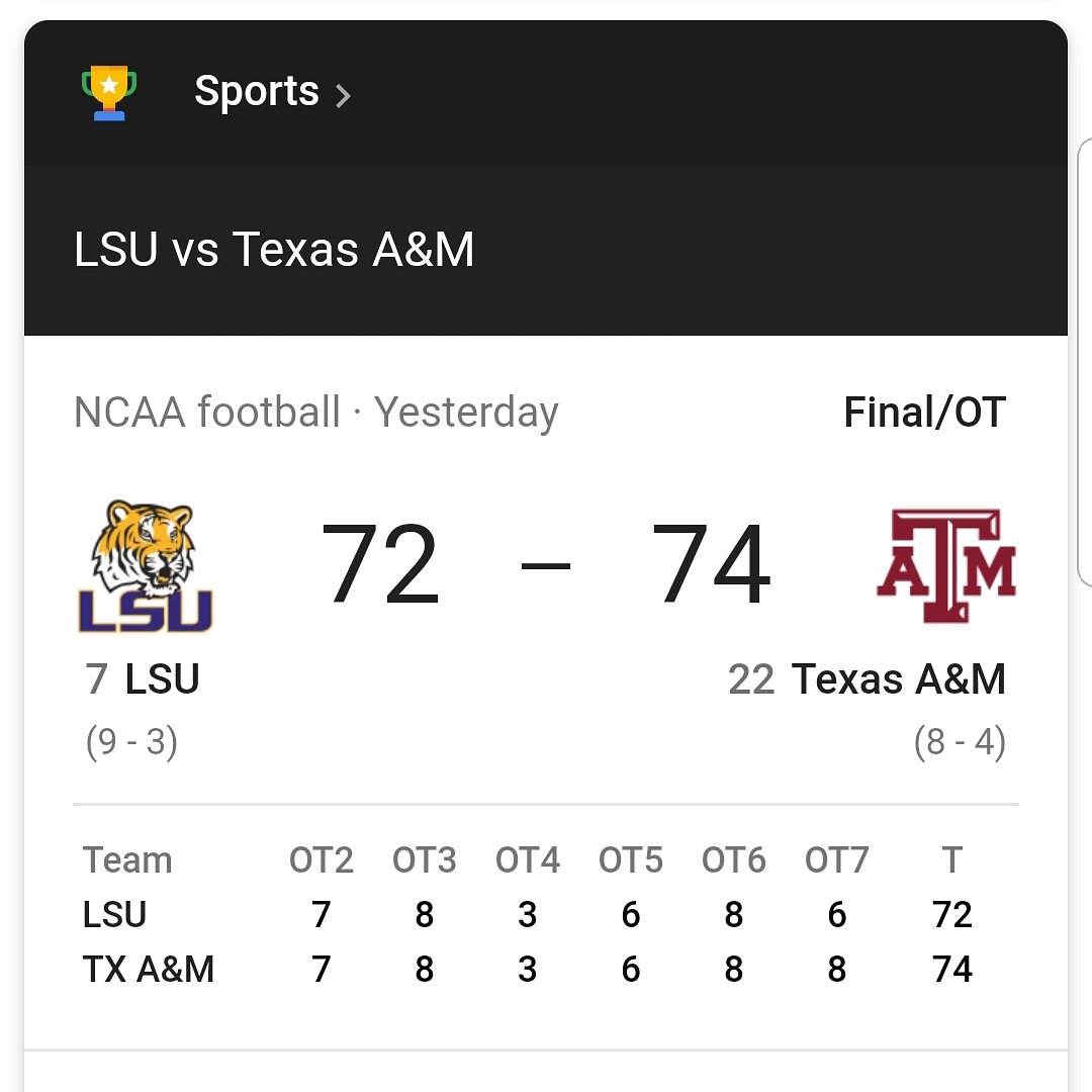 bvhorizons1's tweet photo. Incredible game tonight Aggies, makes me proud to be one. Highest Scoring game in College Football and longest game in Aggie History. @tamu @tamuyell @12thman @aggiefootball #gigem #whoop https://t.co/3eELEqVlnX