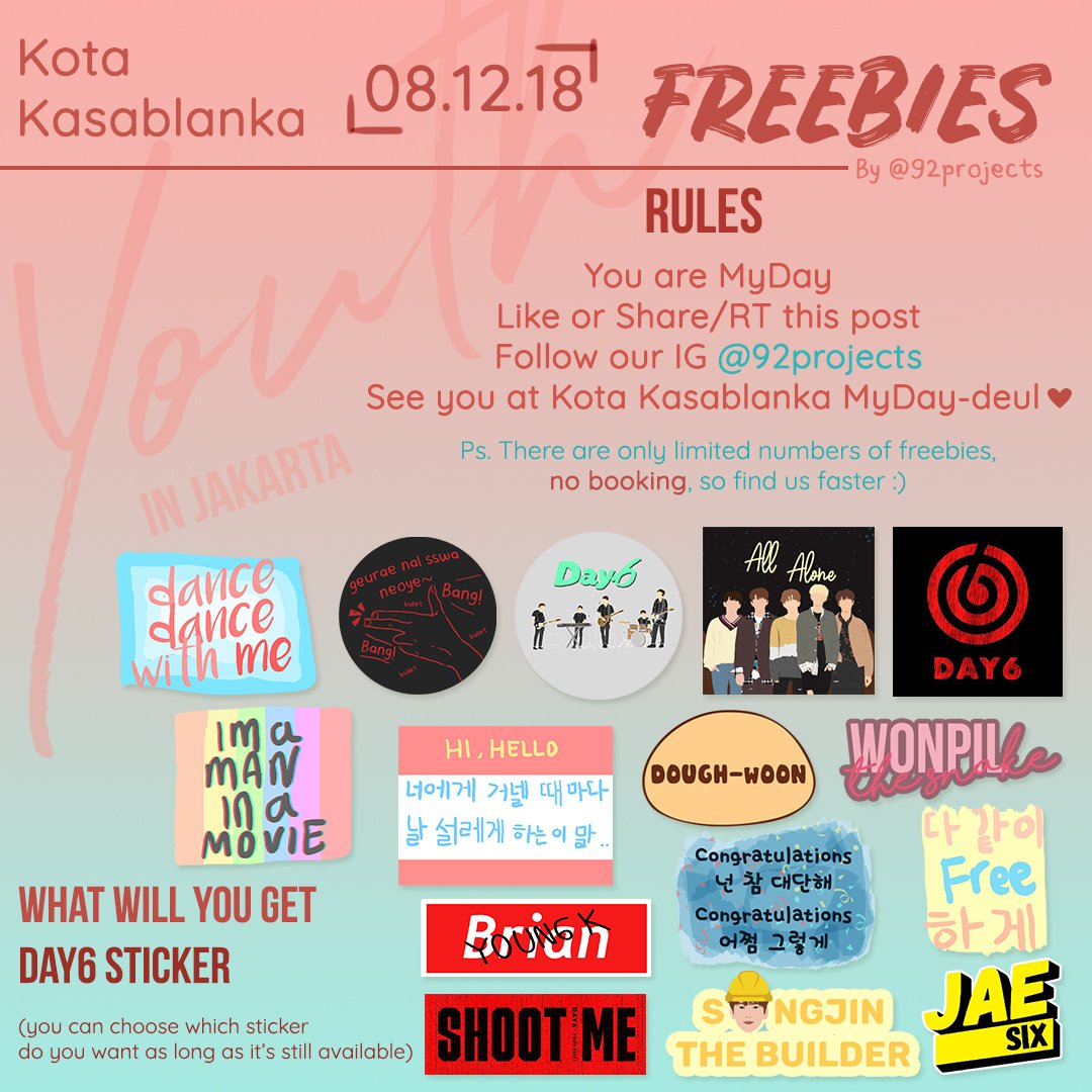 92Projects's tweet photo. [#YouthinJKT freebies!]

Hello, MyDay~
As a celebration of Day6 Youth in JKT Concert, I have some freebies for uri MyDay.

Please kindly help RT and read the rules to join~
Lemme know if you want to be mutuals :)

See ya on the concert day!
#Day6 #DAY6inJKT #데이식스 #day6sticker https://t.co/1jHp0R4lXi