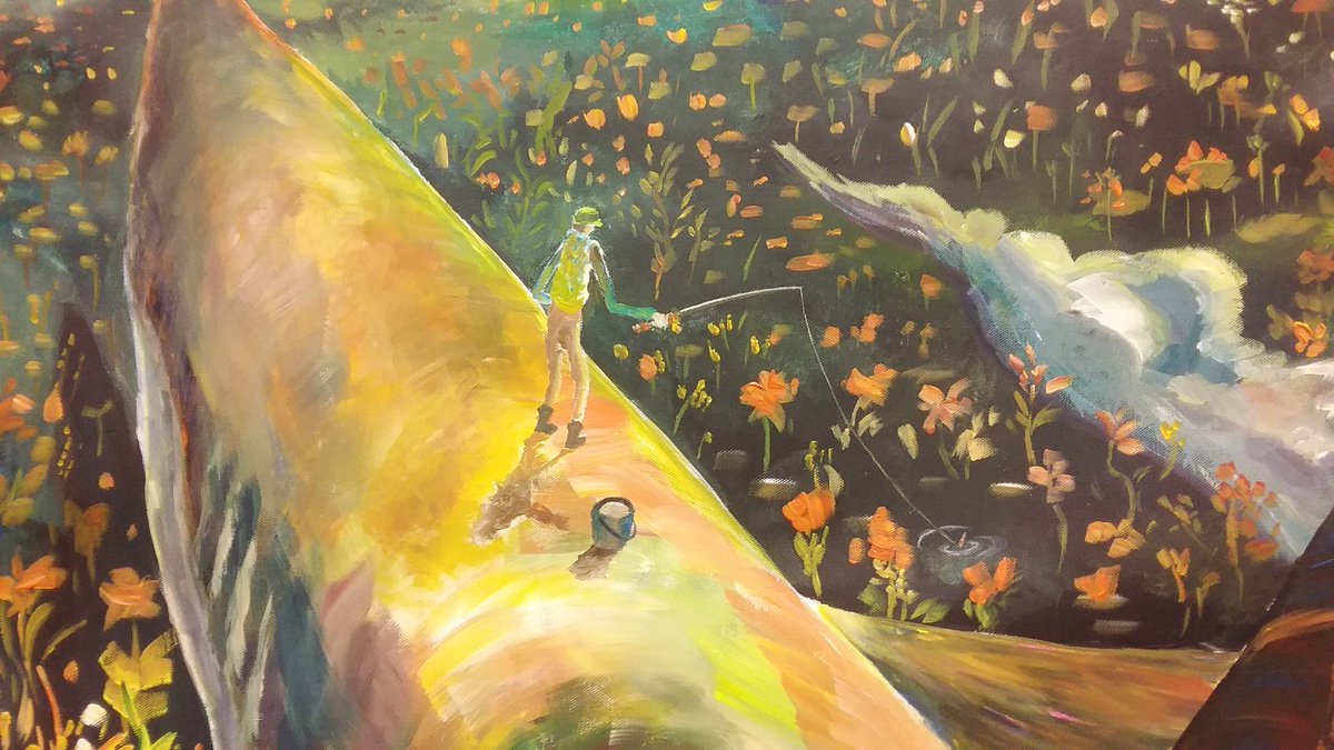 なお 空想絵画物語 No Twitter 完成です タイトル キミの背中を貸してくれ たまには違う雰囲気にしようと黒 オレンジの組合せで宇宙的な でも生き物でうっそうとしている世界を目指しました 土星大接近の夜 サメの背中で釣りをする物語 コミティア