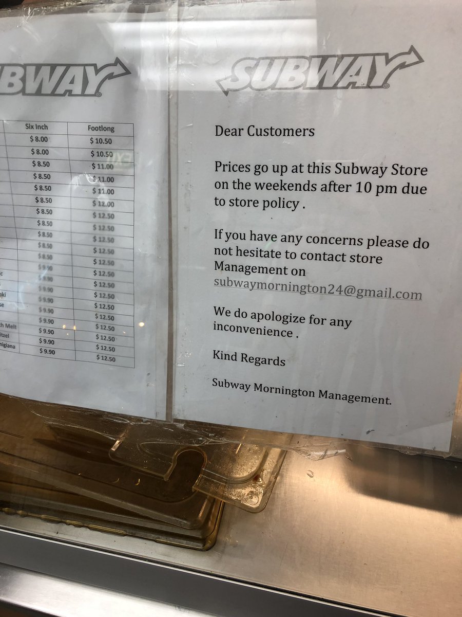 beemaguire's tweet photo. .Seems like a bit of a scam @subwayaustralia that you’re able to increase your prices at night on the weekend in a store conveniently located opposite a popular night club? #pleasejustify https://t.co/LEoosSp7en