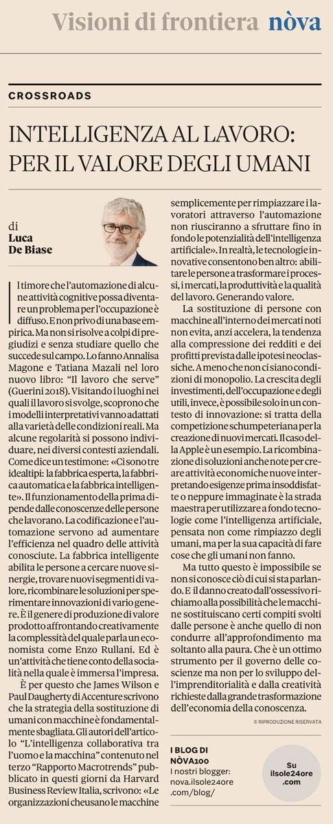 Il danno creato dall'affermazione: “le macchine sostituiranno le persone “è quello di non condurre all’approfondimento ma soltanto alla paura. Che è un ottimo strumento per il governo delle coscienze, ma non per lo sviluppo dell’imprenditorialità e dalla creatività <a href="/lucadebiase/">Luca De Biase</a>