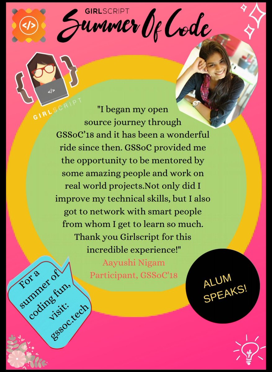 girlscriptsoc's tweet photo. Aayushi thanks GSSoC'18 and her mentors for a productive summer!
Check out her blog at: https://t.co/kj34STrMnu
With GSSoC'19, we are excited for more beginners to venture into the world of open source with excellent projects and brilliant mentors! #GSSoC #GSSoC2019  #OpenSource https://t.co/keLTq57QRm