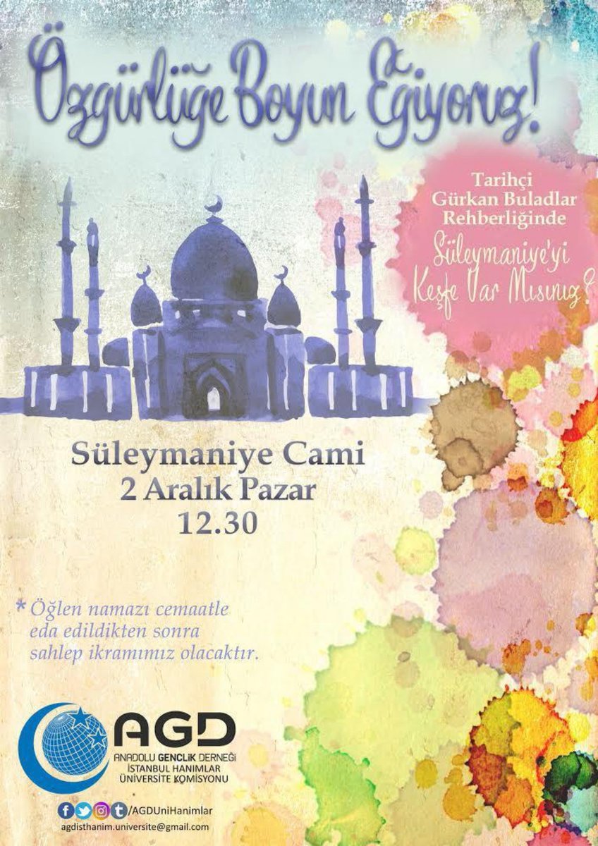 Özgürlüğe boyun eğiyoruz! 🕌

Öğlen namazını birlikte eda ettikten sonra tarihçi 'Gürkan Buladlar' Hocamız ile Süleymaniye'yi keşfediyoruz.
Tüm üniversiteli hanım kardeşlerimiz davetlidir.
🗓️ 2 Aralık Pazar
🕌 Süleymaniye Cami
🕒Öğlen namazı
#özgürlüğeboyuneğiyoruz