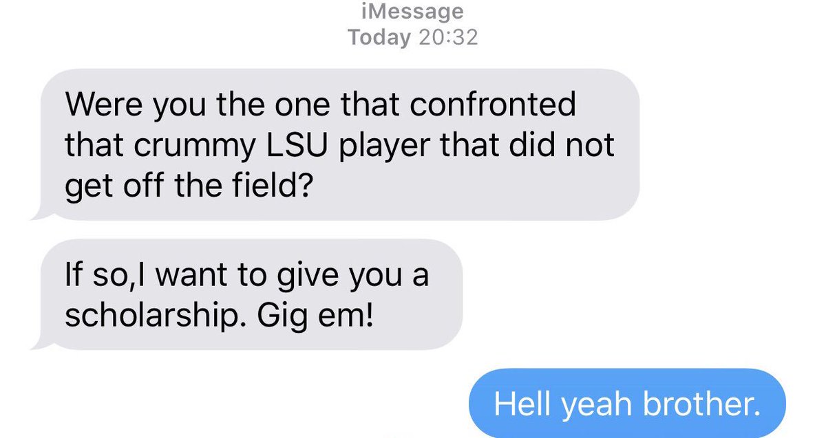 AggieBand19's tweet photo. After doing the 12th man and the Aggie Band a favor by “confronting” the LSU player to get off the field at the end of our halftime performance, I get this random text from an Old Ag... Gotta love the Aggie Spirit! Gig’em y’all #BTHOlsu #7OT https://t.co/s7oyAGTFCS