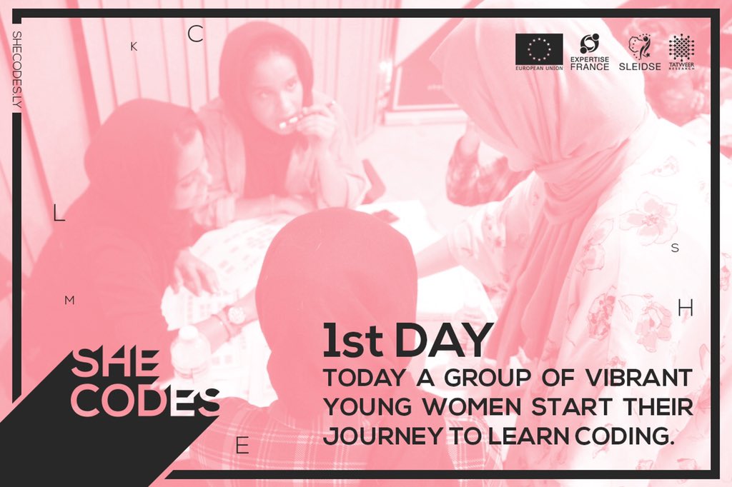 Shecodes2018's tweet photo. The journey of the young #women at #shecodes starts today, as they are giving all the tools to become #programmers in order to close the #gender_gap in the #tech_industry
funded by @EUDELtoLibya and implanted by @expertisefrance and @sleidse https://t.co/Y72OiO3S1H