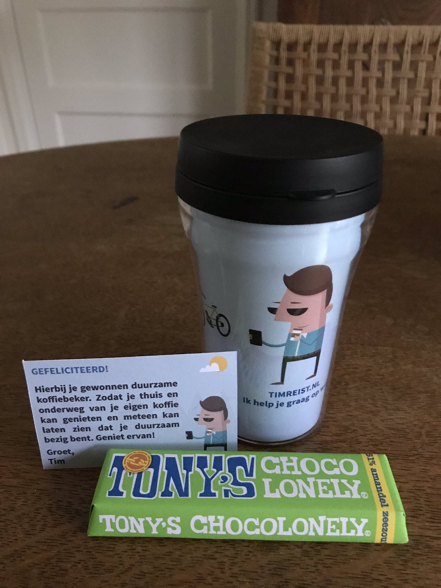 Bedankt voor de duurzame beker-to-go <a href="/timreist/">Tim</a> en de lekkere reep chocolade voor bij de koffie! Extra leuk dat je de beker kan pimpen met je eigen foto! 😎