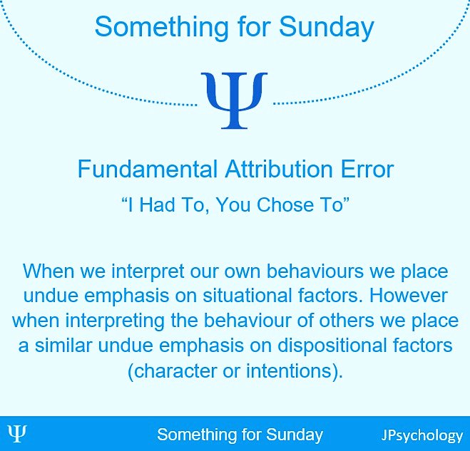 JackPurrington's tweet image. Fundamental Attribution Error.

Today JPsychology looks at the psychological phenomena known as the #fundamentalattributionerror

#psychology #psychologyfacts #psychologyfact #psychfact #psychfacts #psychologystudent #psychstudent #psych

Full Caption Here
instagram.com/p/BqmPiUaH1zt/…