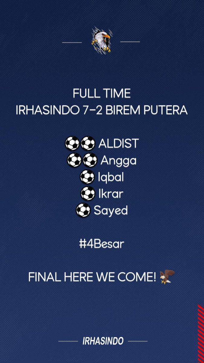 irhasindoFC's tweet photo. Turnamen Ngon Bang Zai Cup 2018 Langsa
#4Besar
@irhasindo π Birem Putera 7 - 2
β½β½ Aldist
β½β½ Angga
β½ Iqbal
β½ Ikrar
β½ Sayed
Alhamdulillah, tetap fokus @irhasindo π¦
#NeverGiveUp πͺπ»
#HuntingTrophy π https://t.co/MrECCiqwWJ