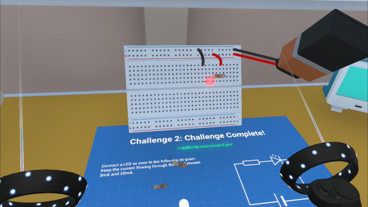 rerofumi's tweet photo. STEAM で見つけた VR ゲームの Short Circuit VR、VR 内でブレッドボードを組み立てて LED を光らせたりする学習ジャンル。スイッチで LED をON/OFFとか簡単な事しかできないけれども、配線する楽しさは味わえる。今後の発展に期待したいところ https://t.co/uY8Ho8JX6U