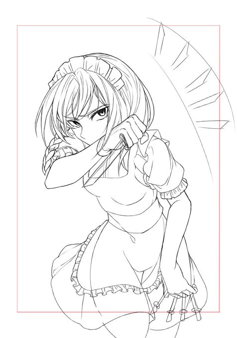 十六夜咲夜さんを描き描きしておる……!!とりあえず線画を(`ω') 