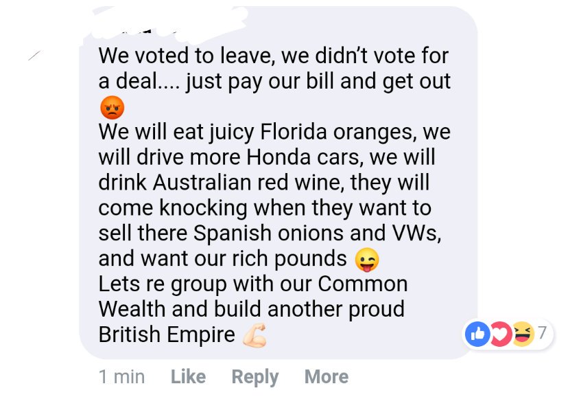 This about sums up what you read in comments whenever brexit is the news.
Just... Wow. 😶
(oh, plus tons and tons of racist remarks 🤷🏻)