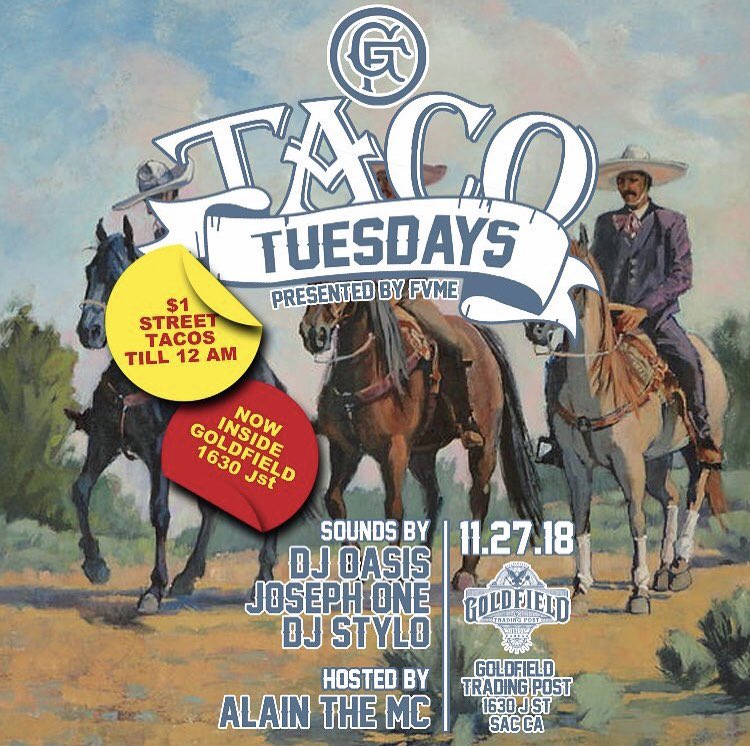 TACO TUESDAY at Goldfield just got turned up a few notches. <a href="/FvmeSquad/">FVMESquad</a> is in the building, throwing the wildest Tuesday party! <a href="/DJOASIS/">DJ OASIS</a>
