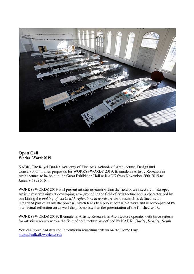 OPEN CALL. Work+Words Biennale for Artistic Research in Architecture, to be held at KADK, Copenhagen next year. More here. - kadk.dk/workswords Please share.
