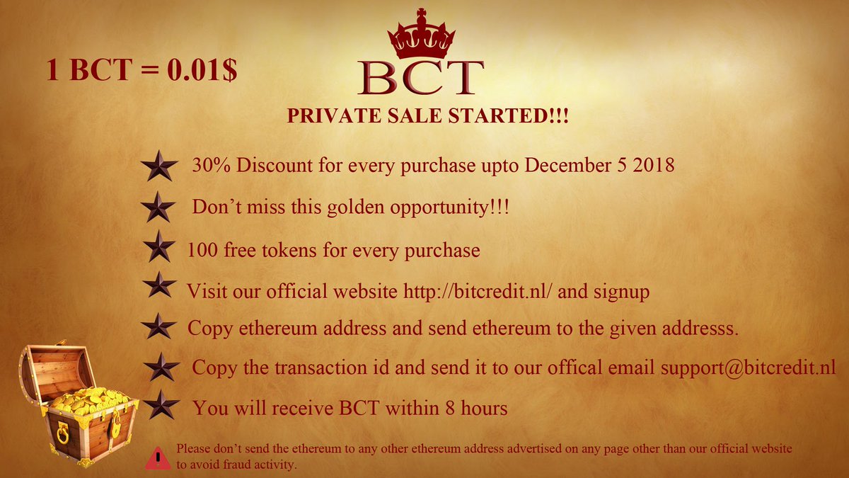 credit_bit's tweet photo. Private sale started!!!
Start buying BCT which is a future of cryptocurrency and make yourself a strong investor.
Going to list on top cryptocurrency exchanges.
Here is our official website. 
https://t.co/xGJZ9DxBlJ
contract address- 0xD321ec37D4E6bc09cf1a75F6f7be6453b5faC732 https://t.co/kWDzLEpwwG