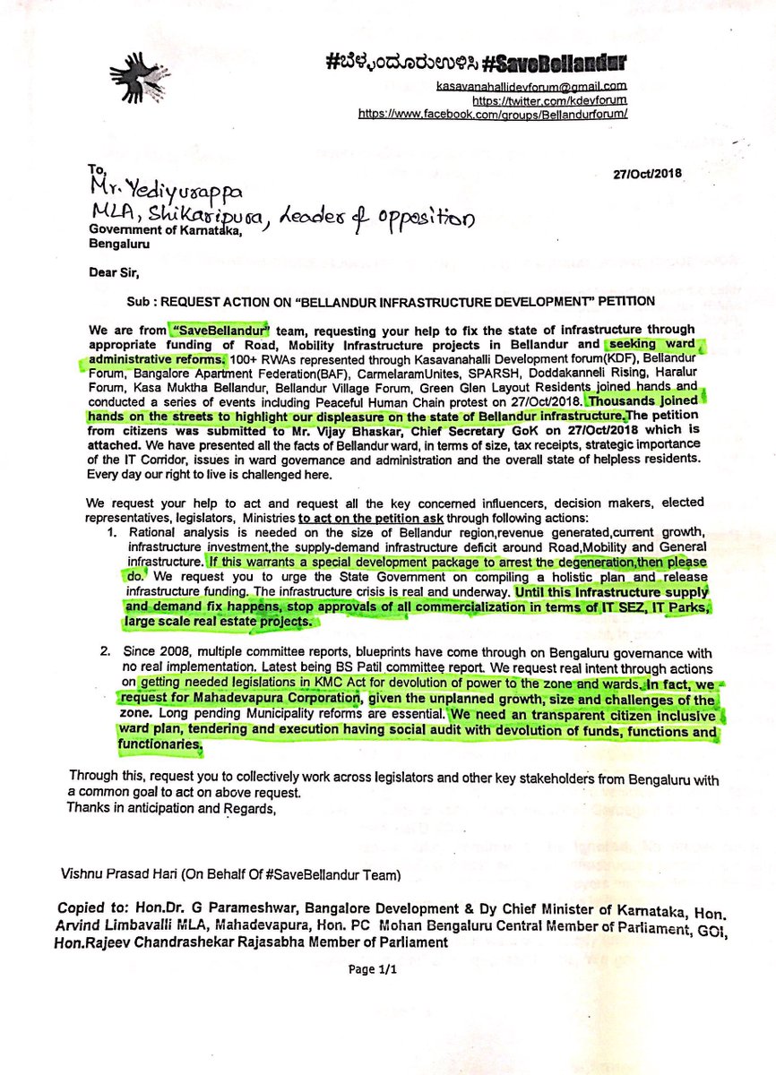 kdevforum's tweet photo. Hon.@BSYBJP,we request your support to #SaveBellandur #SaveITCorridor through:1)Release of #SpecialPackage for Infrastructure Development & ask submitted to @csogok @BBMP_MAYOR @BBMPCOMM 2)Drive #BSPatilCommittee recommended #BBMPReforms as needed @DrParameshwara @hd_kumaraswamy https://t.co/CNg3tMhWoV