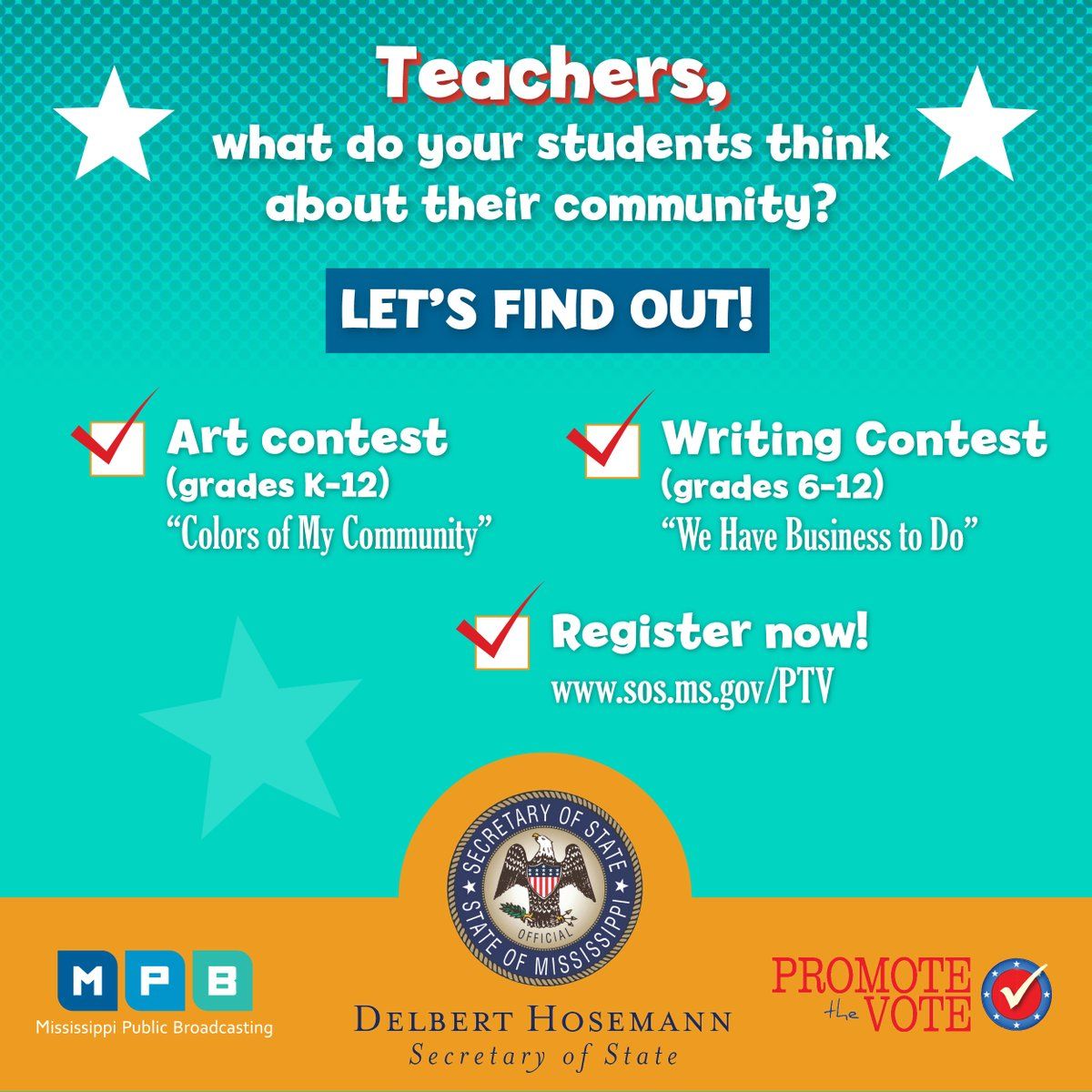MPBOnline's tweet photo. Attention Teachers: What do your students think about their community? We want to know! Register your class now for these two contests at https://t.co/y6qaYfelsf . @MississippiSOS #MPBEducation https://t.co/jQv9IvLfdR