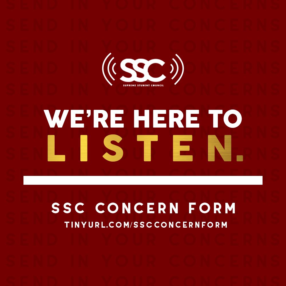csasupremesc's tweet photo. Raise your concerns. Express your opinions. We are here to listen.

Your SSC wants to have better communication with you. Let us know your thoughts by answering our ONLINE FORM and giving us your feedback at https://t.co/ia3wxwsCrn. 

Your voice will always matter.
#YouAreSupreme https://t.co/jqmUlJKI3C