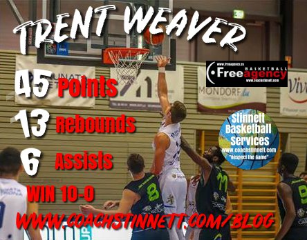 CoachStinnett's tweet photo. Trent Weaver @dreamweaverv8 goes for 45 points, 13 rebounds, and 6 assists in a 103-77 win for AB Contern in Luxembourg. The win moves AB Contern to a perfect 10-0 record. #freeagencybasketball https://t.co/sRjIhjXvGq https://t.co/iTlNJyHaE1