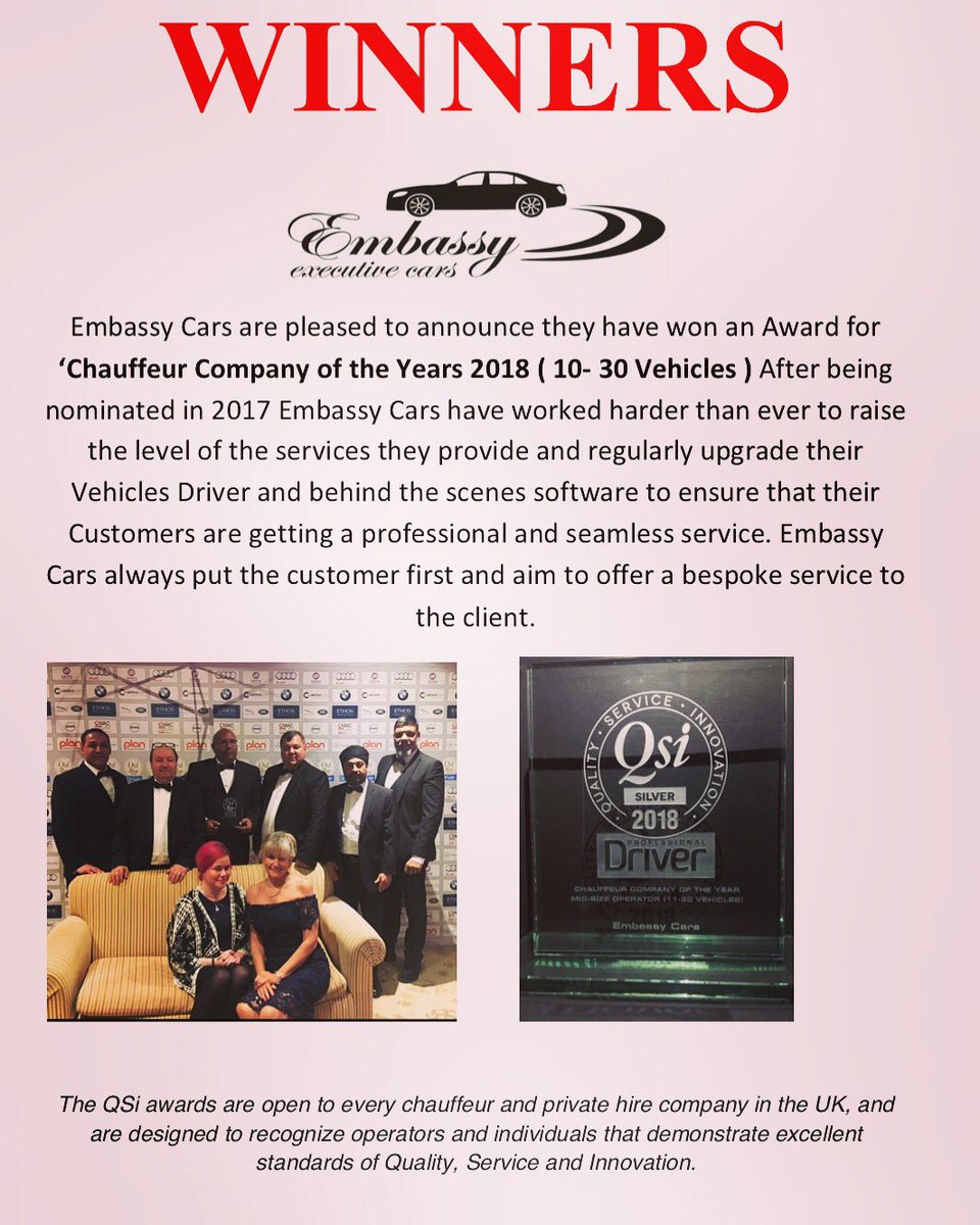 EmbassyCar's tweet image. Great night for Embassy Cars on Thursday @prodrivermag awards claiming a Silver#Qsiawards