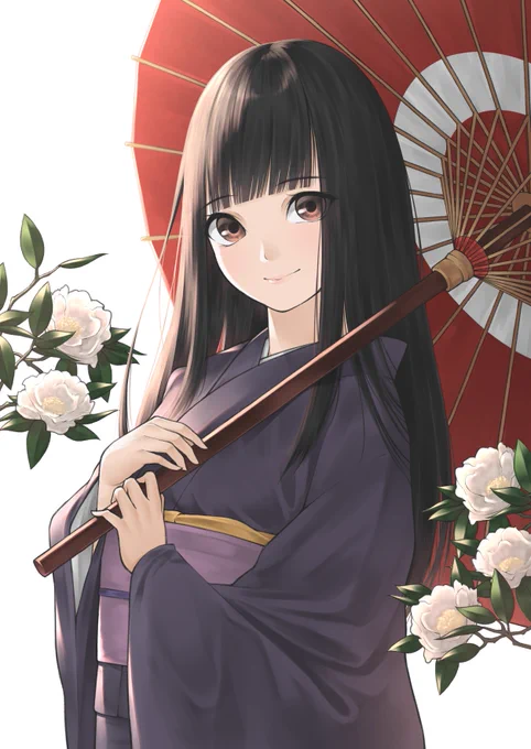 白い山茶花と着物少女 