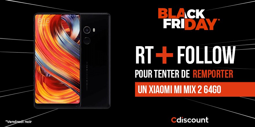 Cdiscount's tweet photo. ⚫ #Concours #BlackFriday *

👉À gagner : https://t.co/6LoMxmwHn0

🔸 Pour tenter votre chance : 
1) RT ce tweet
2) Follow @Cdiscount

TAS 06/12 

* #EnFrançaisOnDit Cdiscount https://t.co/1gSUOwYr2A