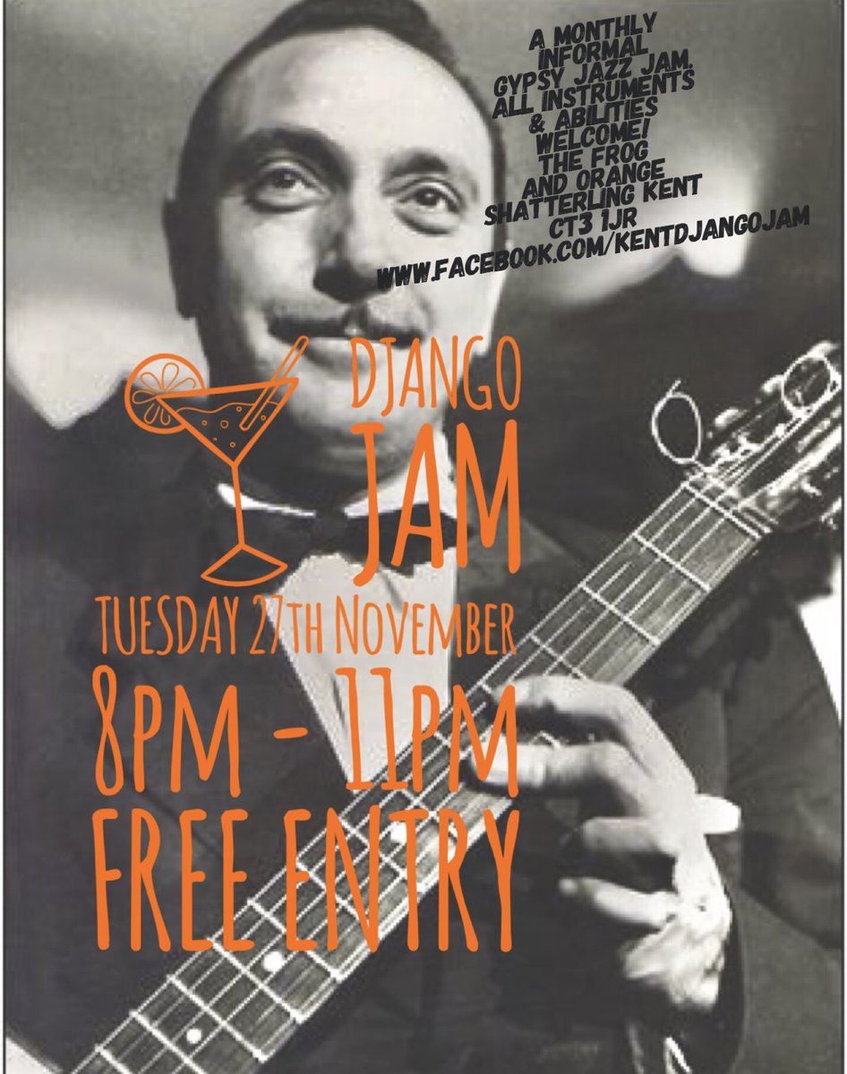 KentDjangoJam's tweet photo. This month’s Django Jam Tuesday 27th November 8pm at @FrogAndOrangePH in Shatterling near #Canterbury #kent
Entry is free, so come along to play, listen & hang out. All instruments and abilities welcome! #DjangoJam #djangoreinhardt #GypsyJazz #jamsession #Kent #Thanet https://t.co/Czx50rKipq