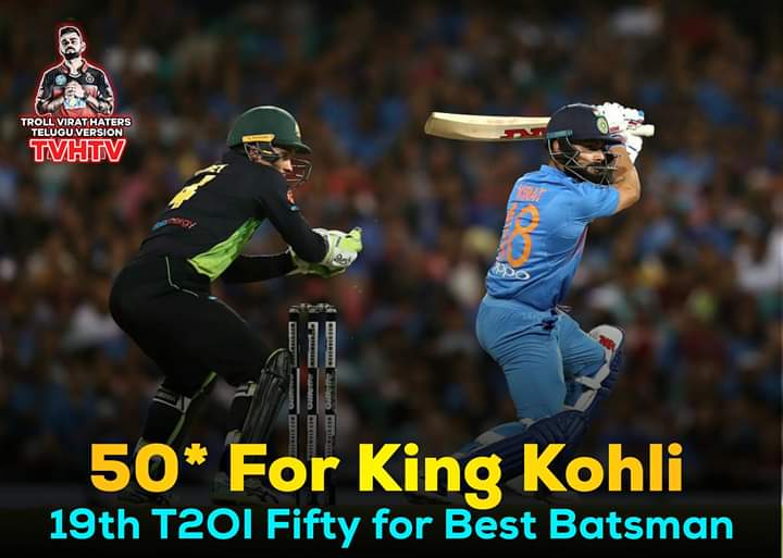Im_AK19's tweet photo. @imVkohli Kohli back at his favourite No. 3 slot, and back to finishing run-chases for India. #ViratKohli is the first visiting captain to score t20i 50 vs aussie in Australia... Series level 1-1.. #AUSvIND #ViratKohli #captainaggressive https://t.co/OiN8EY3Lb1